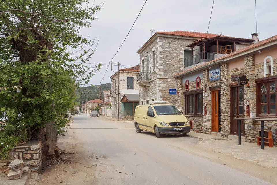 Δρόμος με πέτρινα κτίρια και ένα δέντρο στη Μηλίνα του Πηλίου.