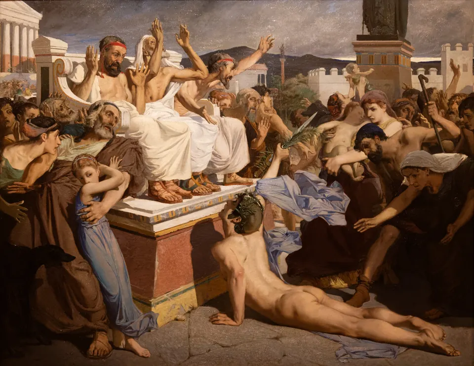 Πίνακας του Luc-Olivier Merson: ο στρατιώτης του Μαραθώνα πεσμένος μπροστά σε πλήθος που υψώνει τα χέρια.